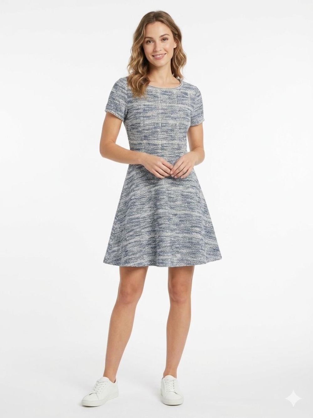 Max Studio Navy Heathered Short-Sleeve Fit-and-Flare Mini Dress